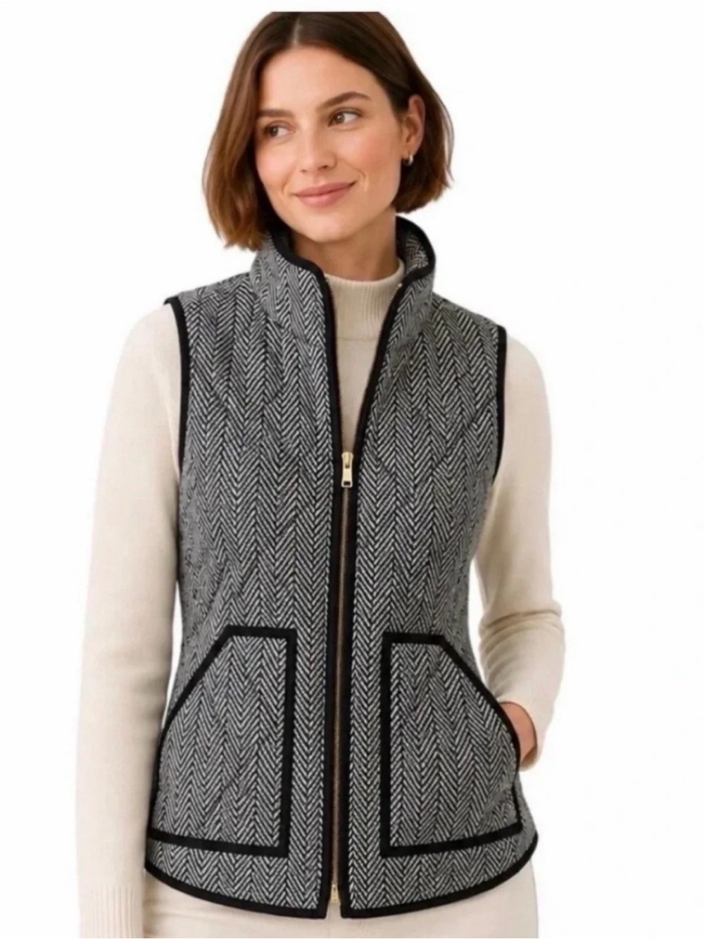 J. Crew Factory Brown and Ecru Herringbone Zip Vest